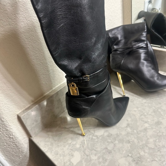 Padlock Pointed Toe Knee High Boot (Women) - Picture 11 of 12